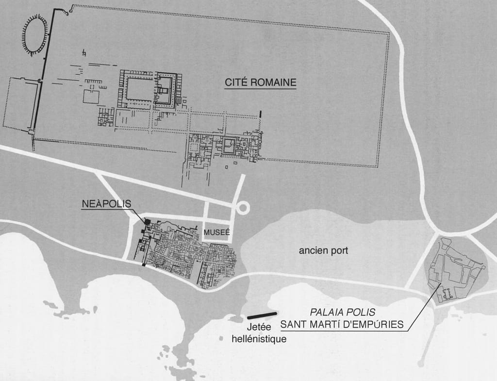 Plan détaillé du site archéologique d'Ampurias avec ses 3 cités et son ancien port grec. Neapolis, Palaia Polis et cité romaine.